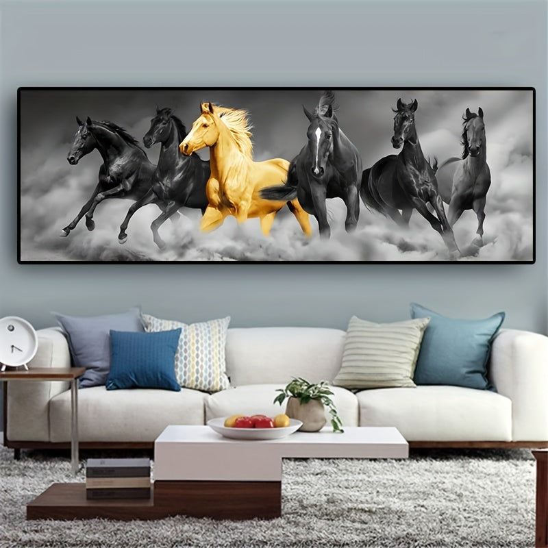 1pc Golden Canvas Painting, Stunning Six Running Horses Wall Art for Home Decor, Room Decor, and Bedroom Decor, Perfect for Animal Lovers and Art Enthusiasts