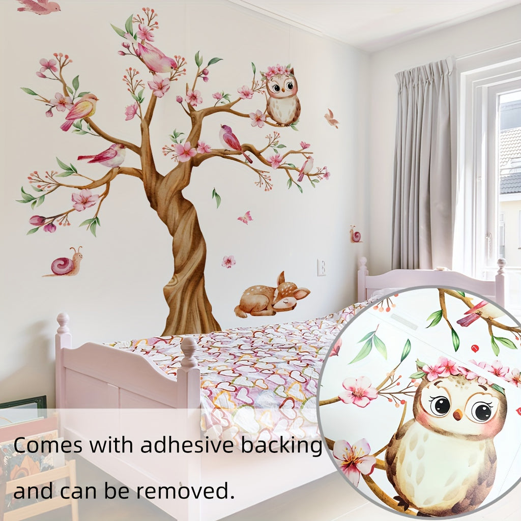 A set of four 11.81*35.43inch*4pcs large peach blossom tree owl deer wall stickers for bedroom living room background wall home decoration stickers self-adhesive MS3260-YL