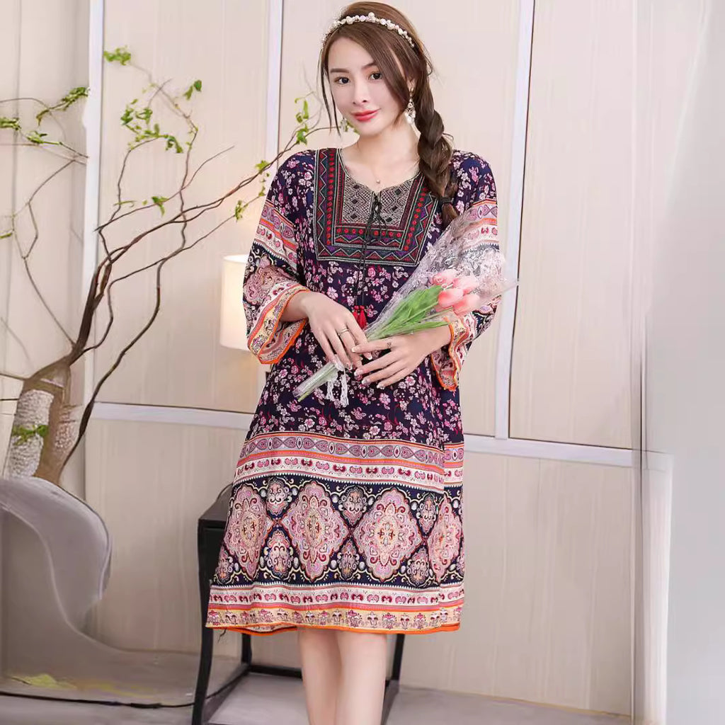Cotton Silk Floral Dress Vintage Women's Clothing