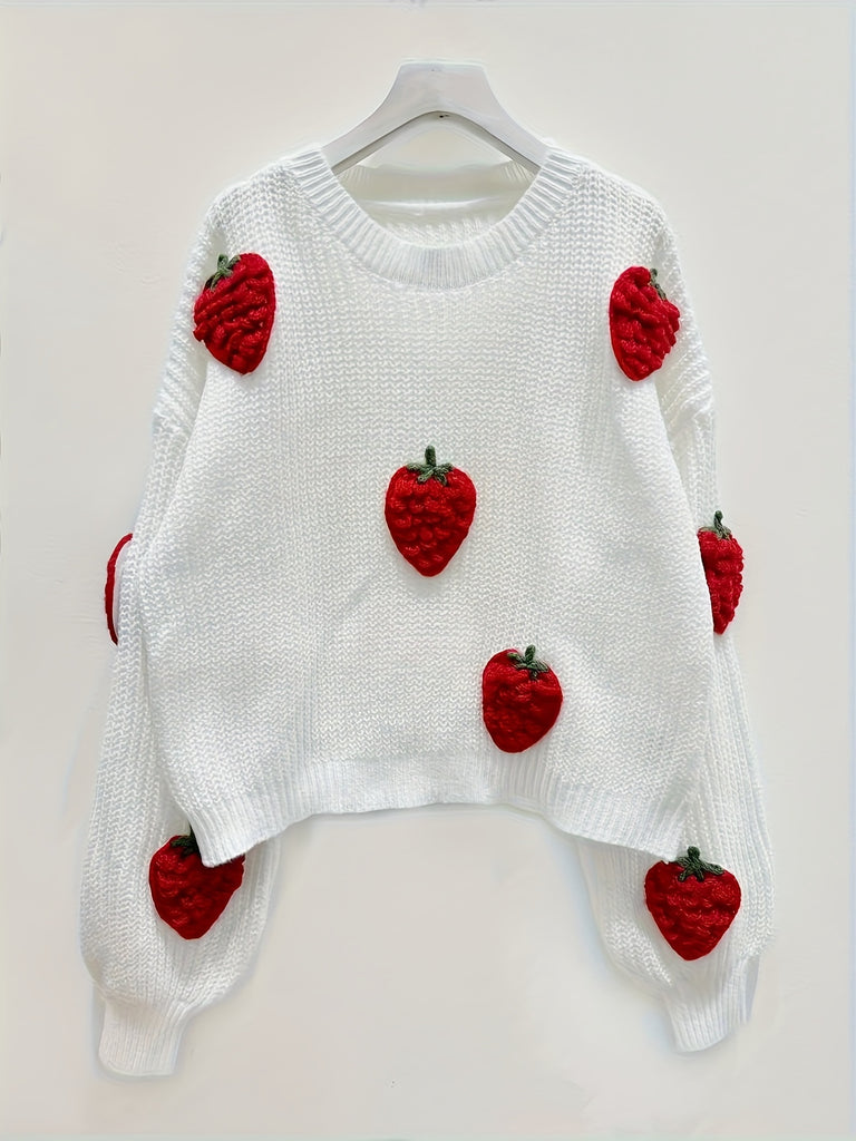 Strawberry Pattern Crew Neck Pullover Sweater, Cute Long Sleeve Drop Shoulder Sweater, Women's Clothing