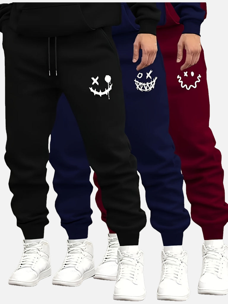 Stylish Smiling Face Print 3 Pieces Men's Casual Jogging Pants, Soft Autumn And Winter Plush Pants, Comfortable Outdoor Sleeveless Rope Pants