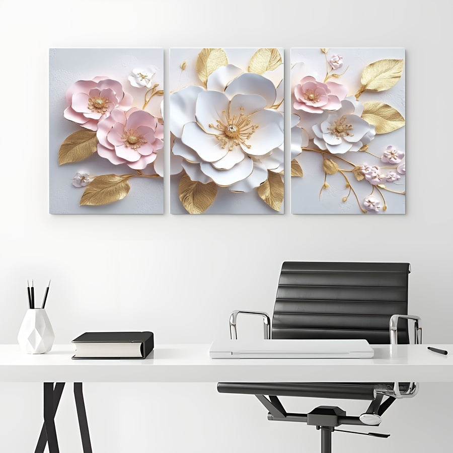 Abstract Wall Art 3D Flower Home Canvas Painting Contemporary Simple Abstract Artwork for Bedroom Bathroom Living Room Wall Decor (3 Pieces Framed)