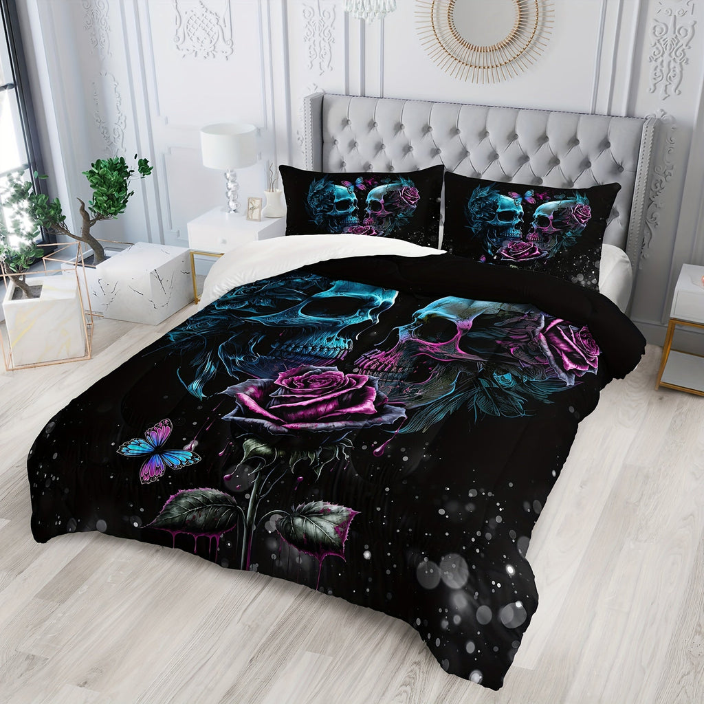 3pcs Skull Bedding Set, Goth Bedding Sets With Comforter, Skull Comforter Set, Rose Comforter Halloween Skull Bed Comforter, Blue Comforter Black Bedding Skull Quilt (1*Comforter + 2*Pillowcase, Without Core)
