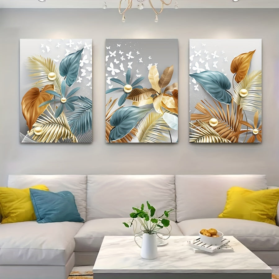 3pcs Modern Golden Butterfly Leaves Canvas Painting Frameless, Nordic Posters, Canvas Wall Art Prints For Living Room&Bedroom, Home Decor Artworks, No Frame