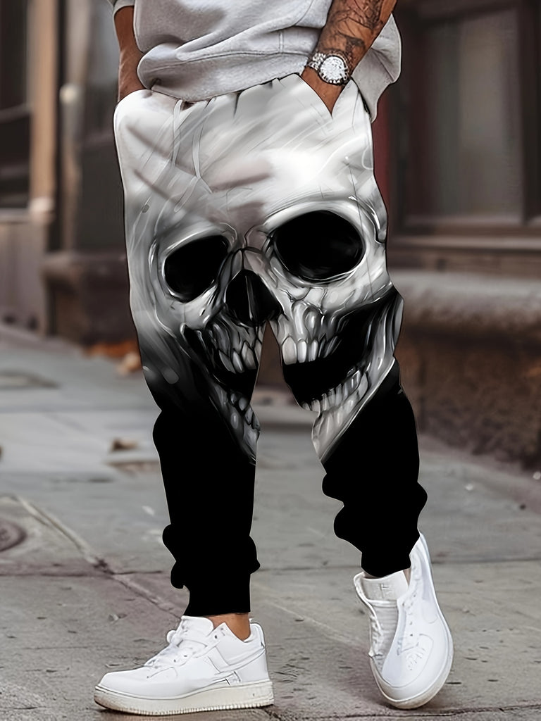 Men's Halloween Themed Skull Graphic Jogger Pants with Drawstring, Casual Sports Trousers as Gift