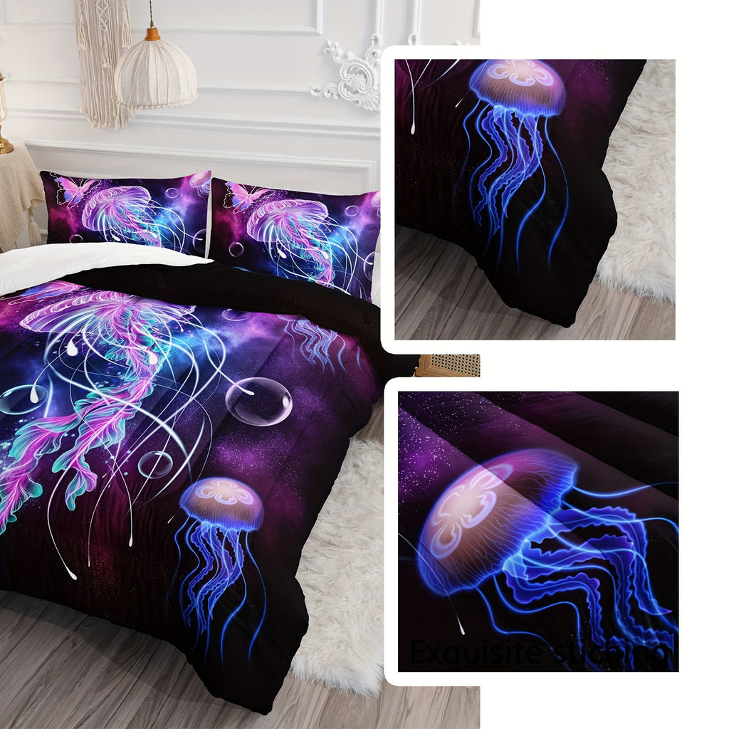 3Pcs Modern Fashion Polyester Comforter Set (1 * Comforter + 2 * Pillowcases, Not Including Pillow Core), Ocean Theme Universe Starry Sky Jellyfish Print Bedding Set, Soft And Comfortable Skin-friendly Comforter For Bedroom, Guest Room.