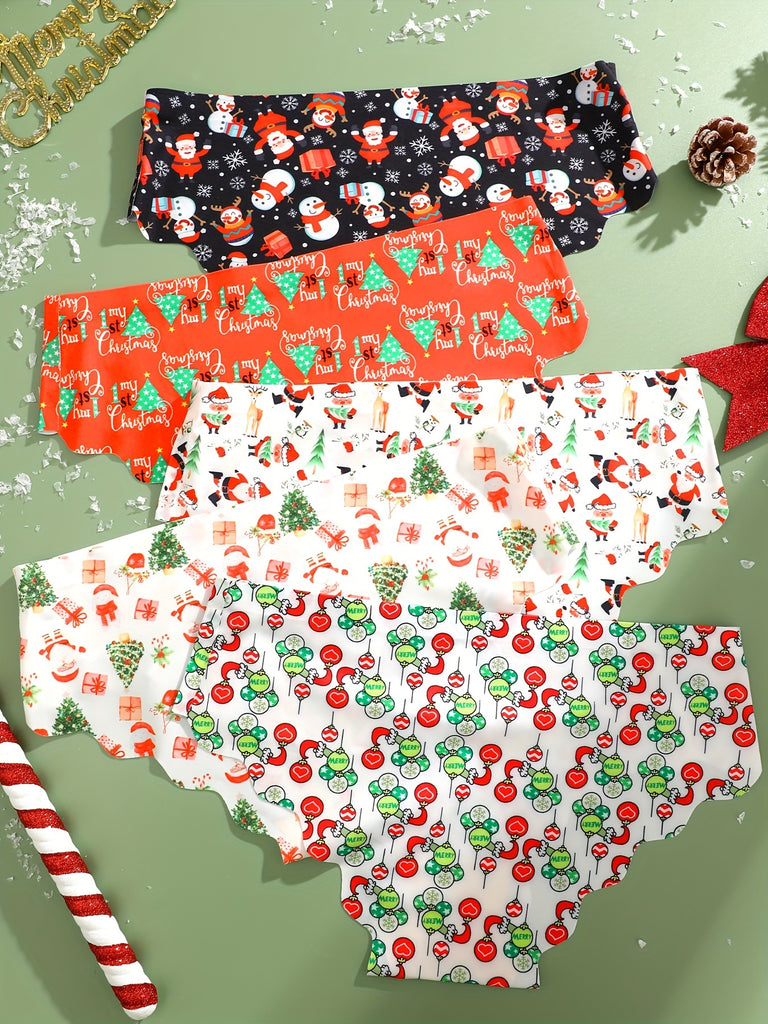 5pcs Christmas Holiday Print Women'S Briefs Set - Festive Patterns, Soft & Comfortable, Low Waist, Stretchy, Cozy for Winter And Everyday Wear