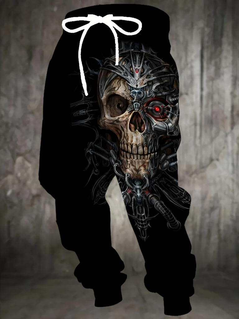 Men's 3D Skull Print Sweatpants, Casual Style, Stretch Polyester Fabric, Drawstring, Pockets, Regular Fit, Knit Construction, Novelty Clothing