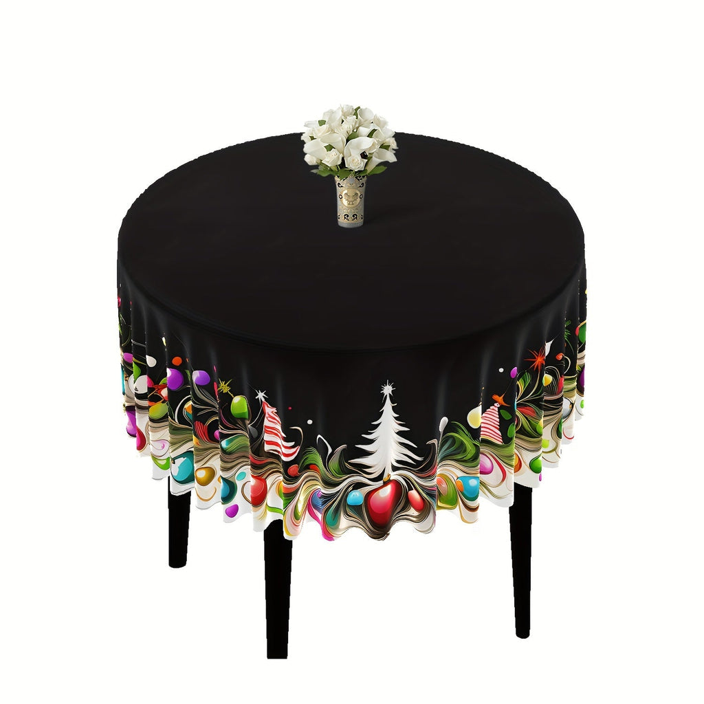 Christmas Tree and Ornament Design Round Tablecloth, Cartoon Polyester Fabric, Machine Woven, Festive Holiday Table Cover, 63 Inch Diameter, Black with Colorful Christmas Style Decoration for Dining and Outdoor Picnics