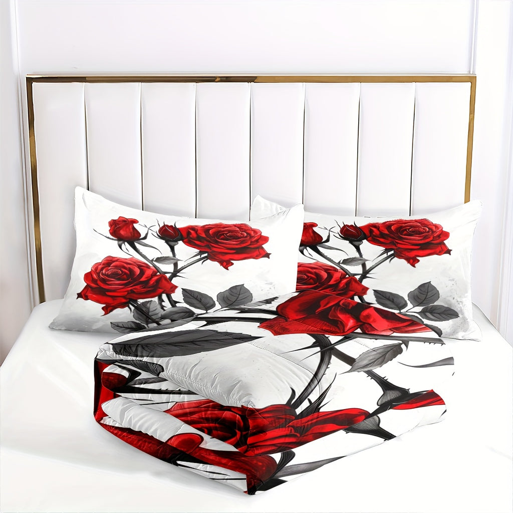 Red Rose Comforter Set Queen Blooming Flower Bedding Set For Girls Chic Aesthetic Soft Comforter With 2 Pillowcases