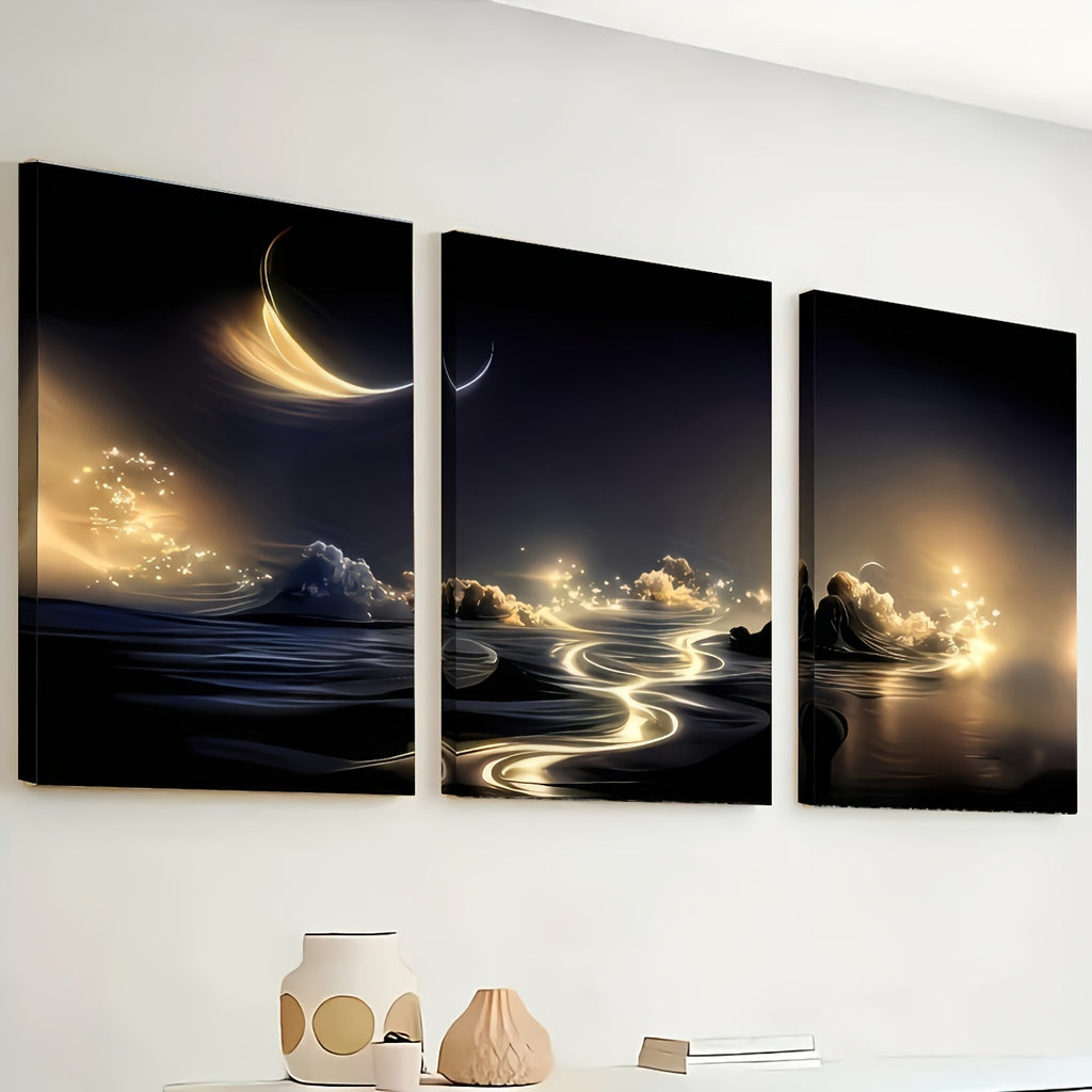 3 Framed Canvas Paintings And Posters, Ready to Hang, Modern Style Landscape Painting, Golden River And Starry Sky, Home Decoration, Wall Art, Room Decoration, High-Definition Print, Ideal Gift, Living Room, Bedroom, Dining Room, Office Decoration