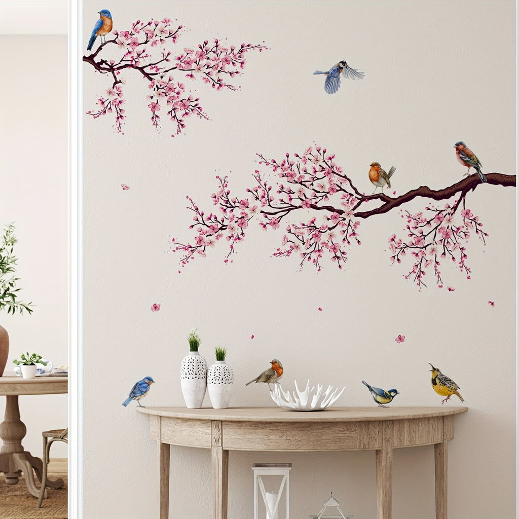 A set of two (11.81*23.62inch*2pcs) peach blossom branch and bird wall stickers for living room background wall room decoration wall stickers self-adhesive wholesale wall stickers (MS8060)