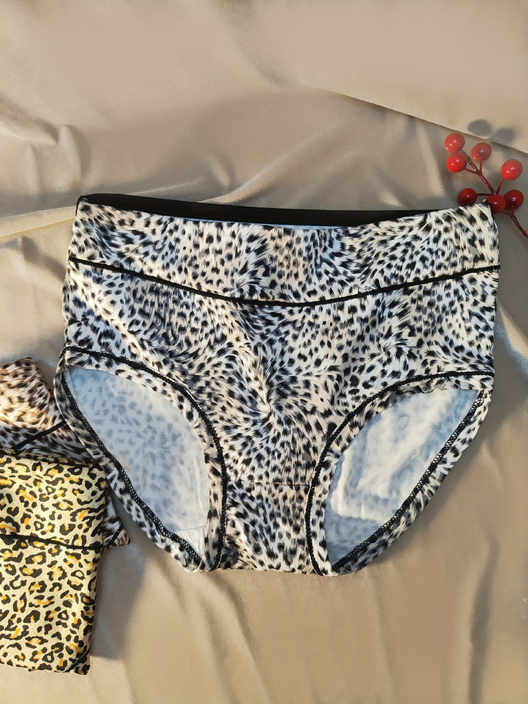 3pcs Leopard Print Briefs, Breathable Elastic High Waist Tummy Control Intimates Panties, Women's Lingerie & Underwear