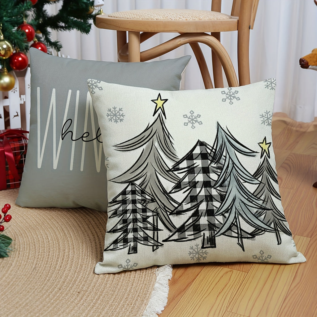 Set/4pcs, Home Linen Christmas Throw Pillowcases (18''x18''/45cm*45cm), Gray Gift, Letter Christmas Tree Gnome Pillowcases With Rustic Christmas Cushion Cover, Christmas Ornament For Home Sofa Farmhouse Bedroom Decor