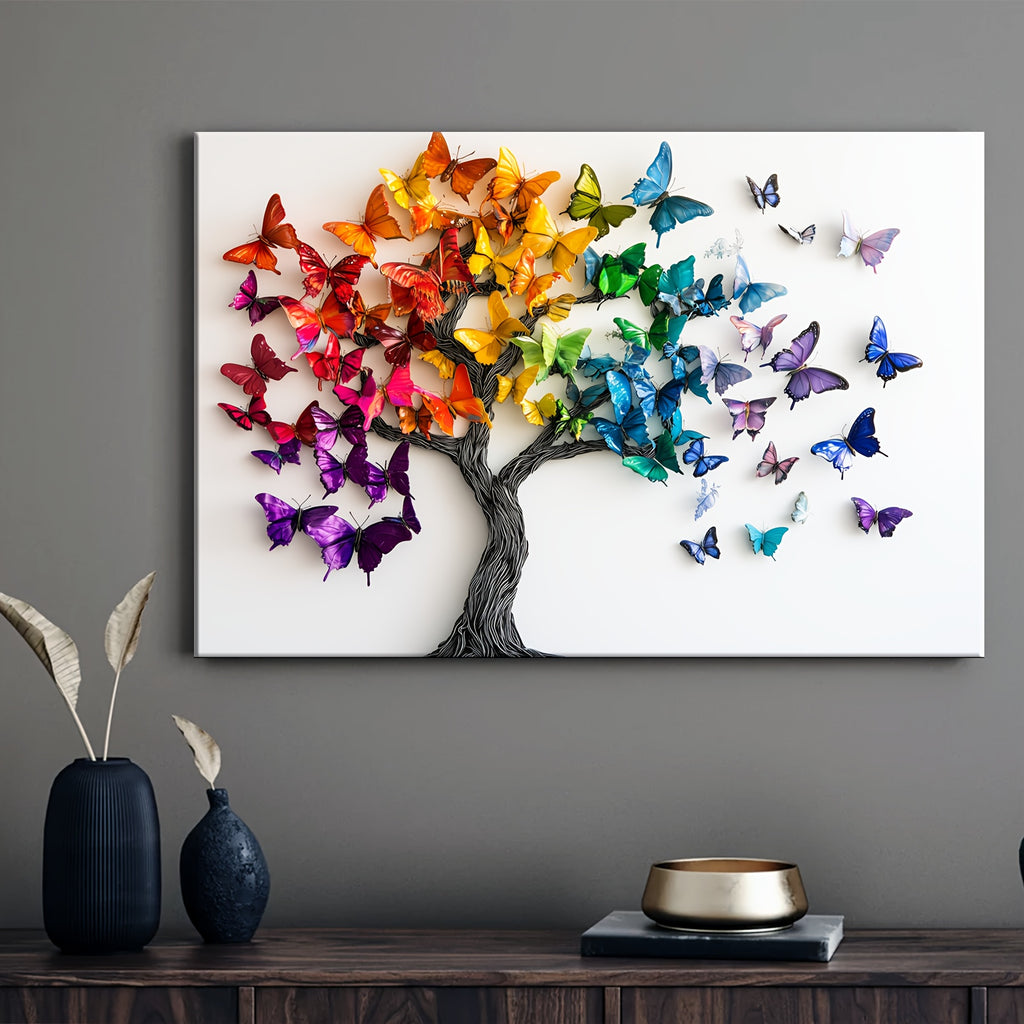 1pc Wooden Framed Canvas Painting Vibrant Butterfly Leaves Tree Artwork for Office Home and Living Room Decoration