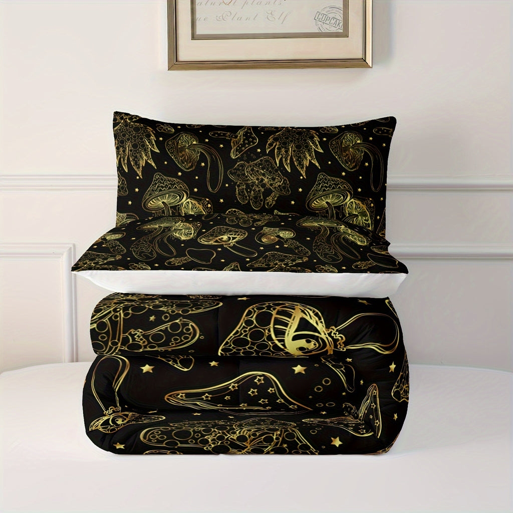 Black Golden Mushroom Comforter Set, Natural Wild Fungus Bedding Sets Botanical Plants Duvet Set 3 Kawaii Bedding Set Mushroom Decor