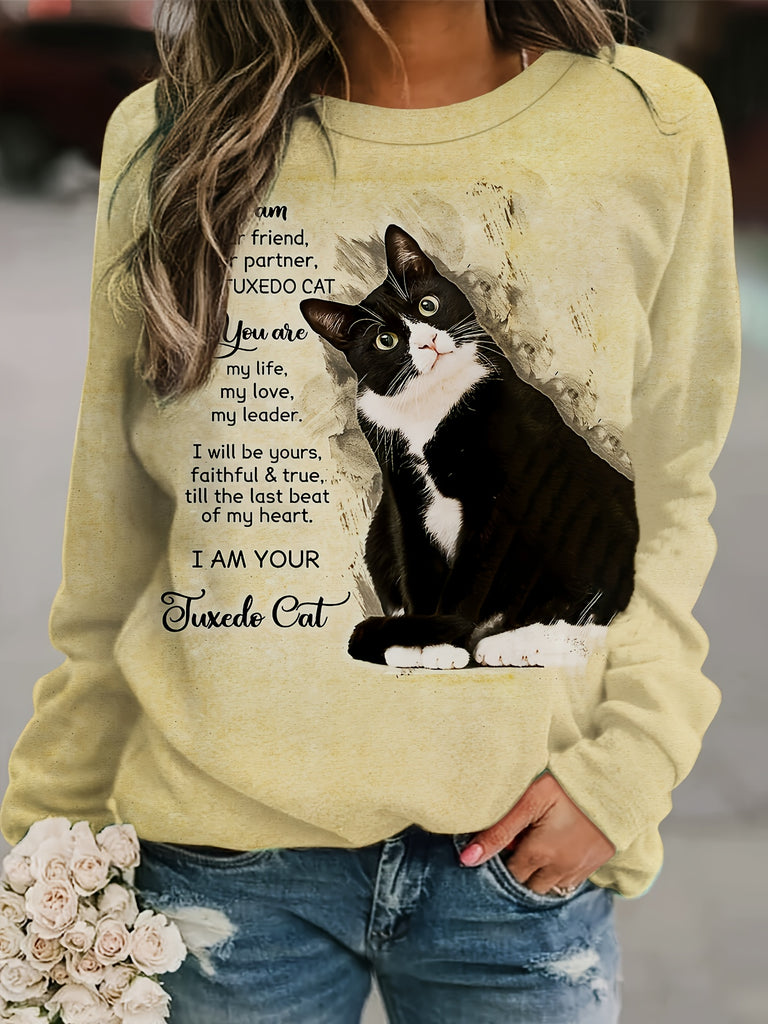 Women's Cartoon Cat Digital Print Casual Hoodie Fashion Round Neck Long Sleeve Casual Top