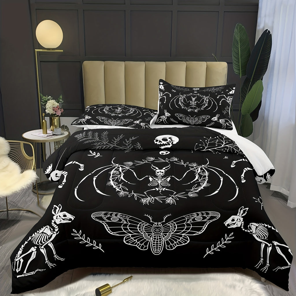 2/3pcs Modern Gothic Comforter Set, Black And White Moth Print Bedding Set, Soft Comfortable And Skin-friendly Comforter For Bedroom, Guest Room (1*Comforter + 1/2*Pillowcase, Without Core)