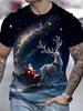 Men'S Christmas Santa Claus and Elk 3D Print T-Shirt, Casual Round Neck Short Sleeve, Polyester Knit Fabric, Regular Fit, Summer Fashion Top for Adults