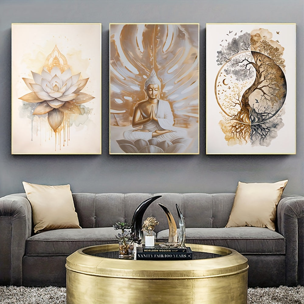 3-Piece Spiritual Canvas Wall Art Set, Modern Buddha & Nature Themed Posters, Frameless Indoor Portrait Orientation Prints for Living Room Decor, 15.7 x 23.6 inches