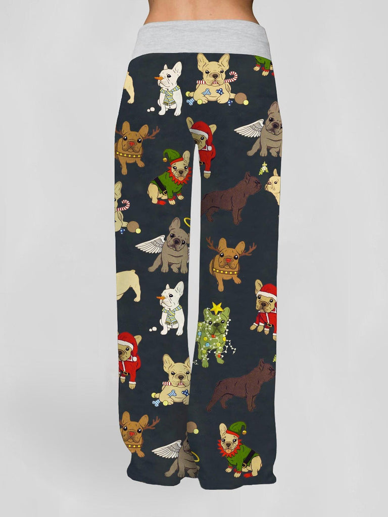 Women's Festive Christmas French Bulldog Print Joggers - Comfy Wide Leg Pants with Drawstring, Perfect for Casual Daily Wear