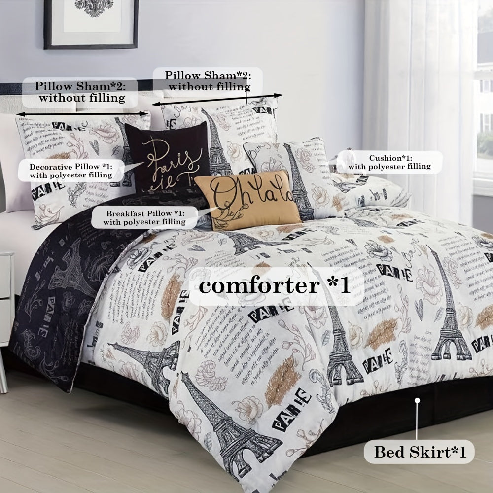 7pcs Christmas Halloween Decoration Comforter Set Stylish And Beautifully Printed 1 Comforter+2 Pillow Shams+1 Decorative Pillow+1 Breakfast Pillow +1 Cushion+1 Bed Skirt Easy To Care For Machine Washable Suitable For Bedrooms Rooms Hotels
