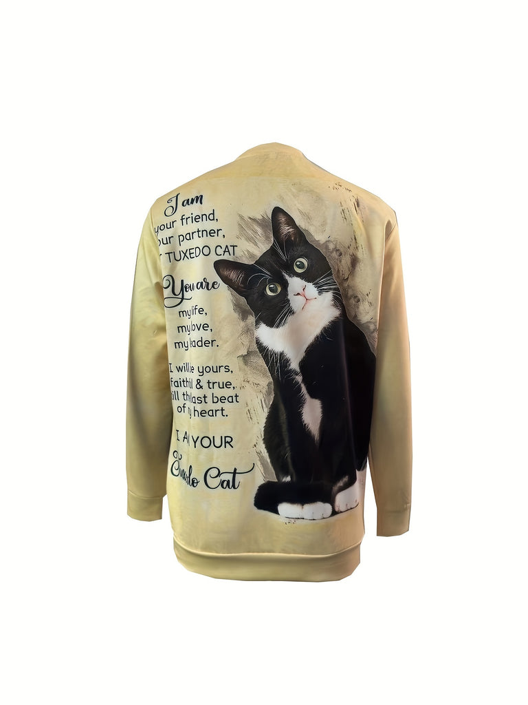 Women's Cartoon Cat Digital Print Casual Hoodie Fashion Round Neck Long Sleeve Casual Top