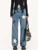 Y2K-Inspired Star Pattern Baggy Jeans for Women & Teens - Low Rise, Vintage Aesthetic Streetwear Denim Pants with Stretch, Machine Washable