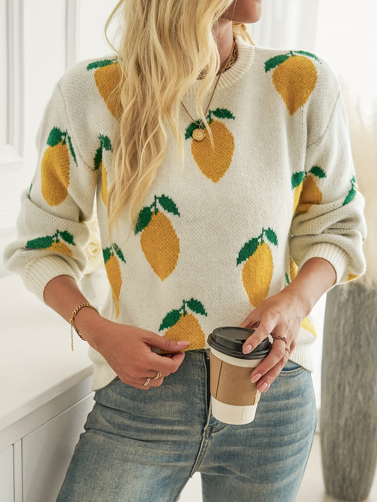 Cute Fruit Pattern Long Sleeve Crew Neck Sweater for Women, Fall & Winter Cozy Knitwear