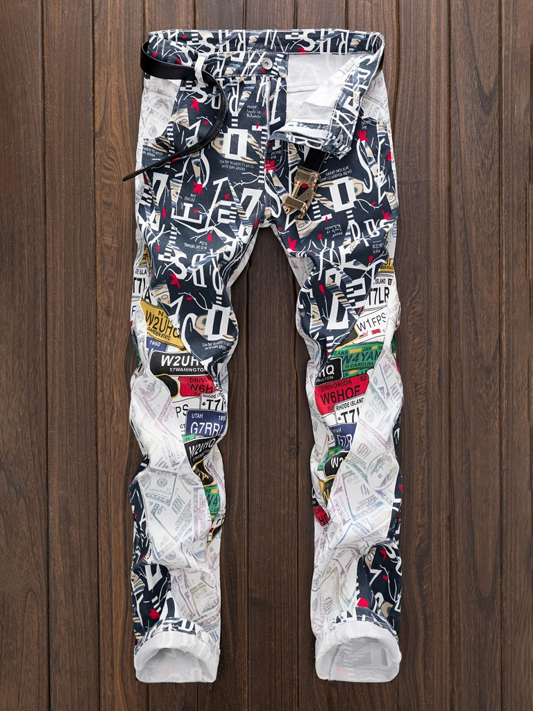 2023 Punk-Inspired Men's Slim Fit Jeans with Graffiti Print - Mid-Rise, Stretch Denim for All Seasons