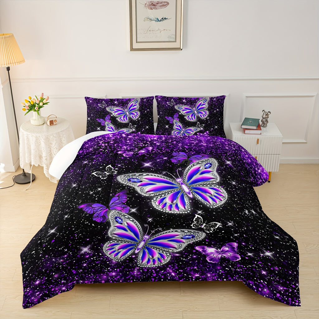 3Pcs Modern Fashion Polyester Comforter Set (1 * Comforter + 2 * Pillowcases, Pillow Core Not Included), Boho Mandala Butterfly Print Bedding Set, Soft And Comfortable Skin-friendly Comforter For Bedroom, Guest Room.