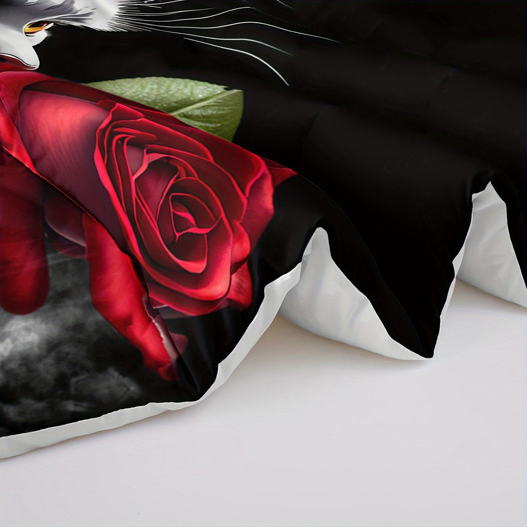 Cartoon Cat Comforter Set Rose Bedding Red And Black Comforter 3 Piece Set (1 Bed Comforter + 2 Pillowcases), Comforter For All Seasons, Soft, Comfortable And Breathable Printed Bedding For Home Dormitory Decoration