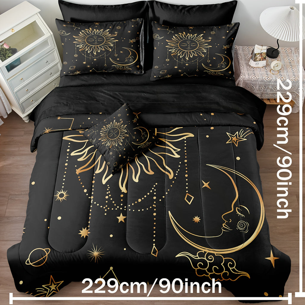 Black And Golden Comforter Set 8 Pieces Sun And Moon Bed In A Bag Queen Size Bohemian Bedding Set Mandala Comforter Set 100% Soft Microfiber 200G Microfiber Fillings Comforter Set With Sheet Set For All Season