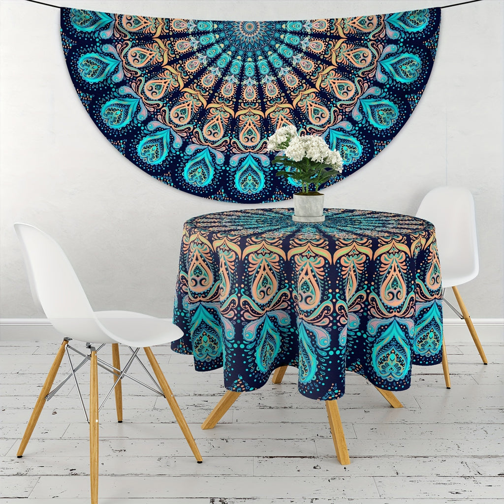 1pc Vibrant Round Mandala Tablecloth - 63 Inch Stain Resistant, Absorbent, and Wrinkle-Free Circle Table Cover with Boho Ethnic Style for Home Kitchen Dining Party Patio Indoor and Outdoor Use, Room Decor, Scene Decor, Easy Care, and Durable