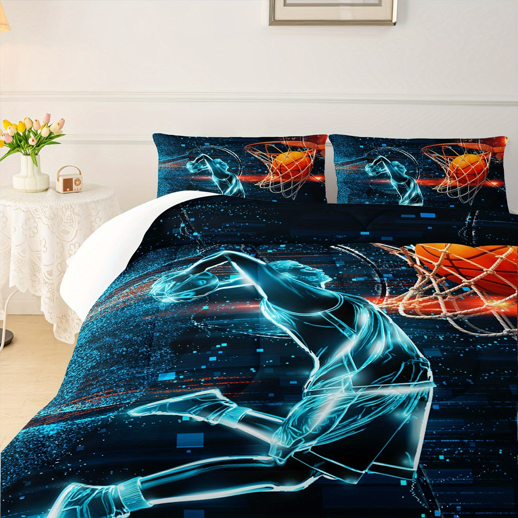 Sports Comforter Sets - Basketball Comforter Set With Blue And Black Bedding, All Season Bedroom Duvet - 1 Comforter With 2 Pillowcases