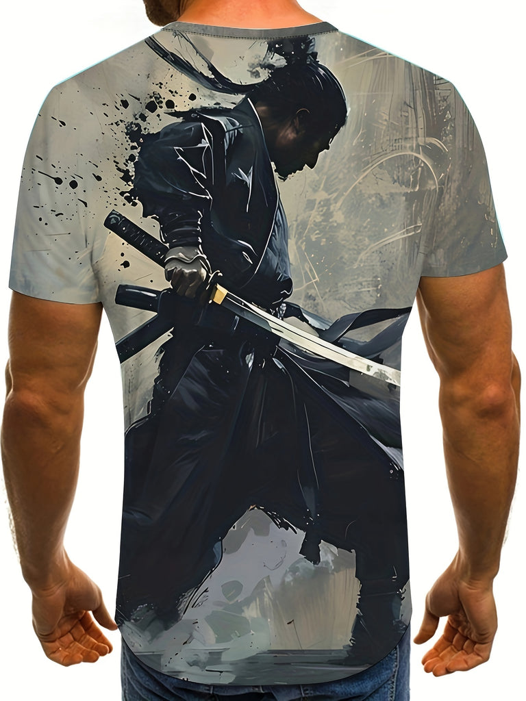 Men's Fashion Graphic Warrior T Shirt-Novelty 3D Printed Casual Top, Summer & Sportswear, Elegant Style, Polyester Crew Neck with Slight Stretch-Short Sleeve Knit Fabric-For Men-Suitable for Summer, Streetwear & Sports-Perfect Gift for Fashionable Guys