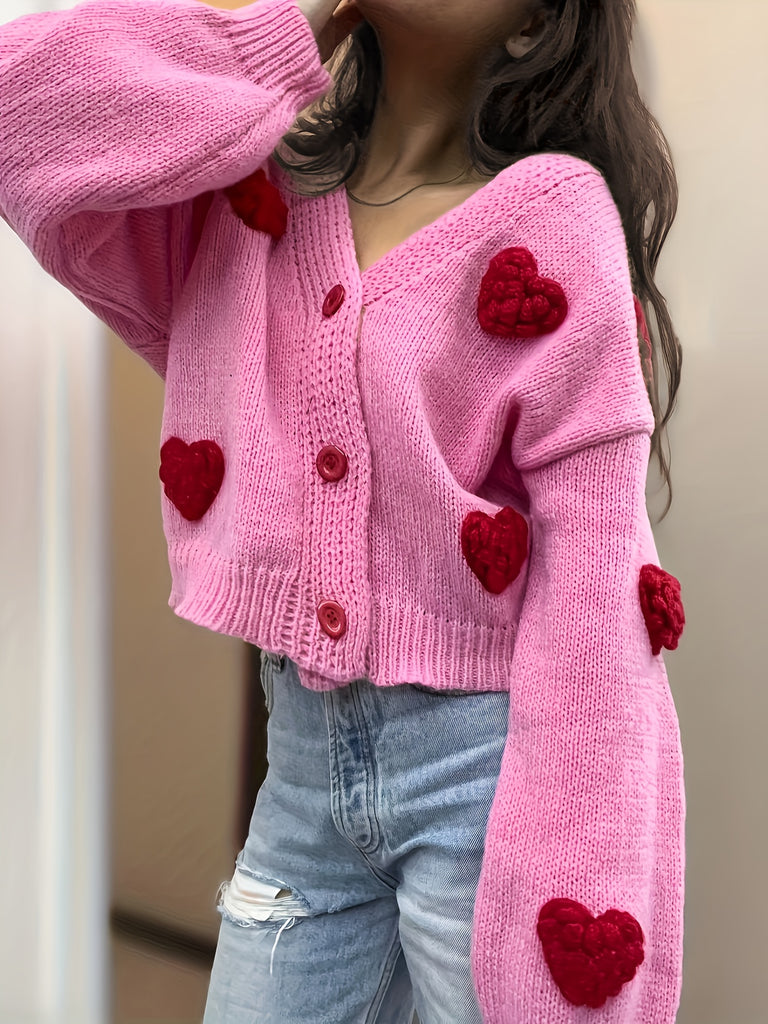 Heart Pattern Button Down Knit Cardigan, Casual V Neck Long Sleeve Loose Sweater, Women's Clothing