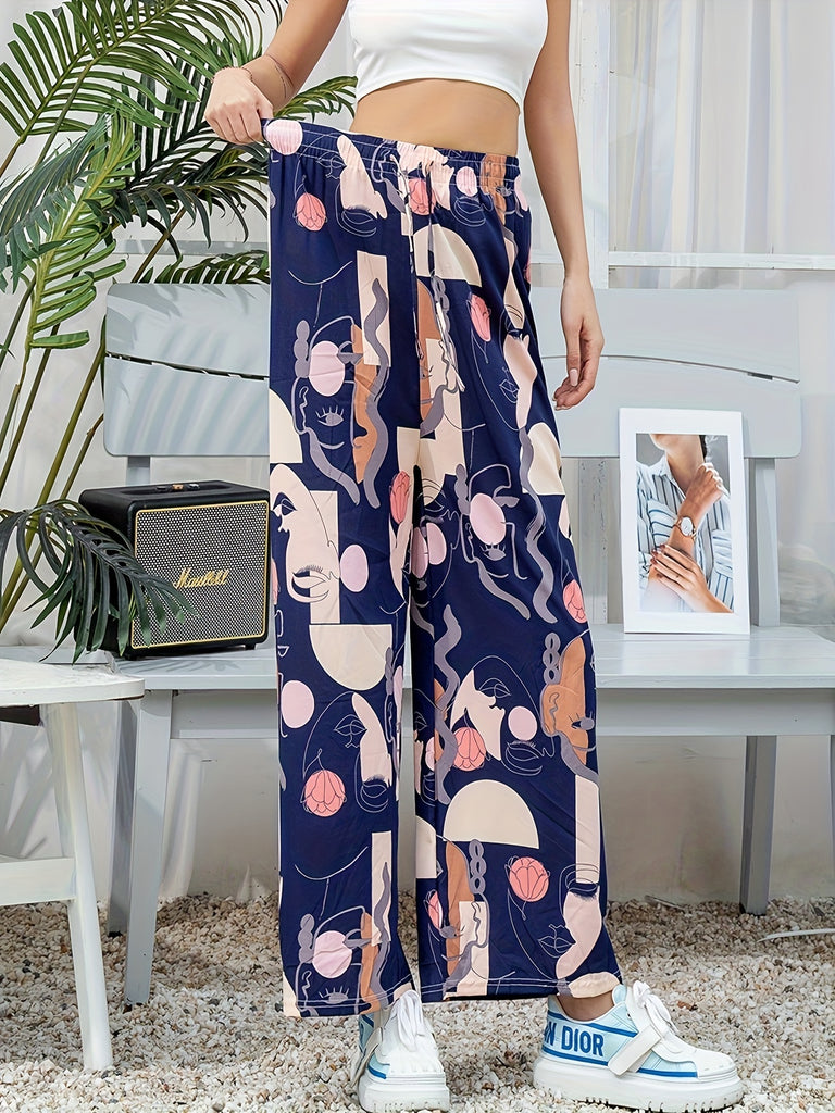 Women's Plus Size Loose Fit Wide Leg Pants, Casual High Waist Long Trousers, Polyester Blend with Spandex, Floral Print, Elastic Waistband, Comfortable Summer Fashion, Suitable for All Seasons