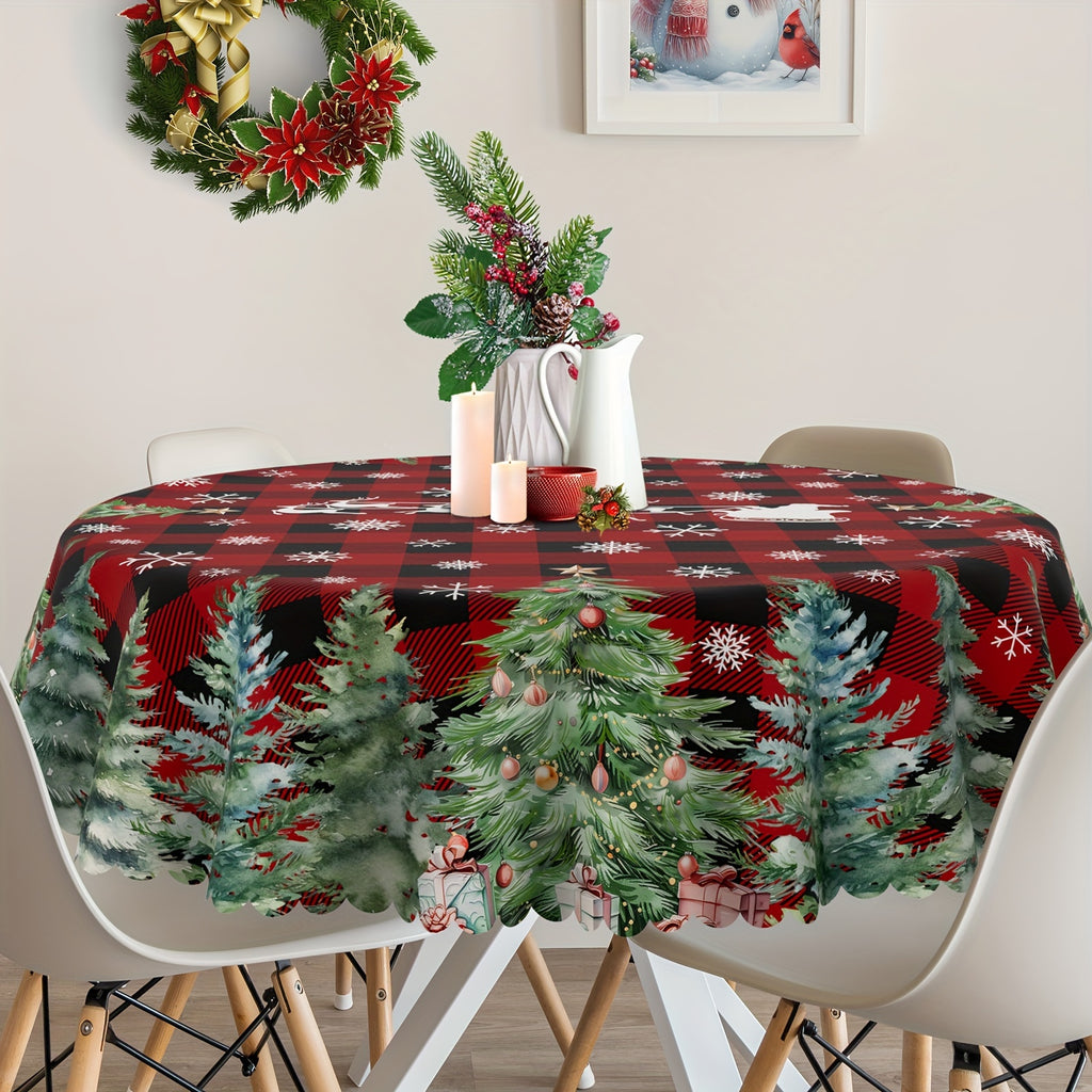 Christmas tablecloth - Vibrant Christmas Tablecloth - Premium Polyester, Red Buffalo Plaid, Pine Trees & Snowflakes, 52x70 inches - Holiday Dining Decor - For Christmas Celebrations - Perfect Gift Idea - Deck the Halls in Style