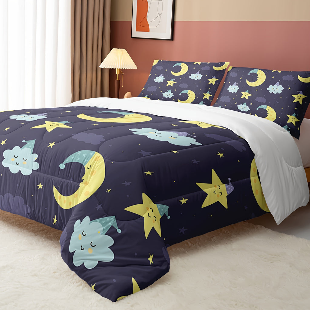 3-Piece Star Night Comforter Set, Cartoon Moon Bedding Set, Stars Comforter Set, Star And Moon Bedding Cloud, Starry Night Bedding Set 1 Quilt 2 Pillowcases