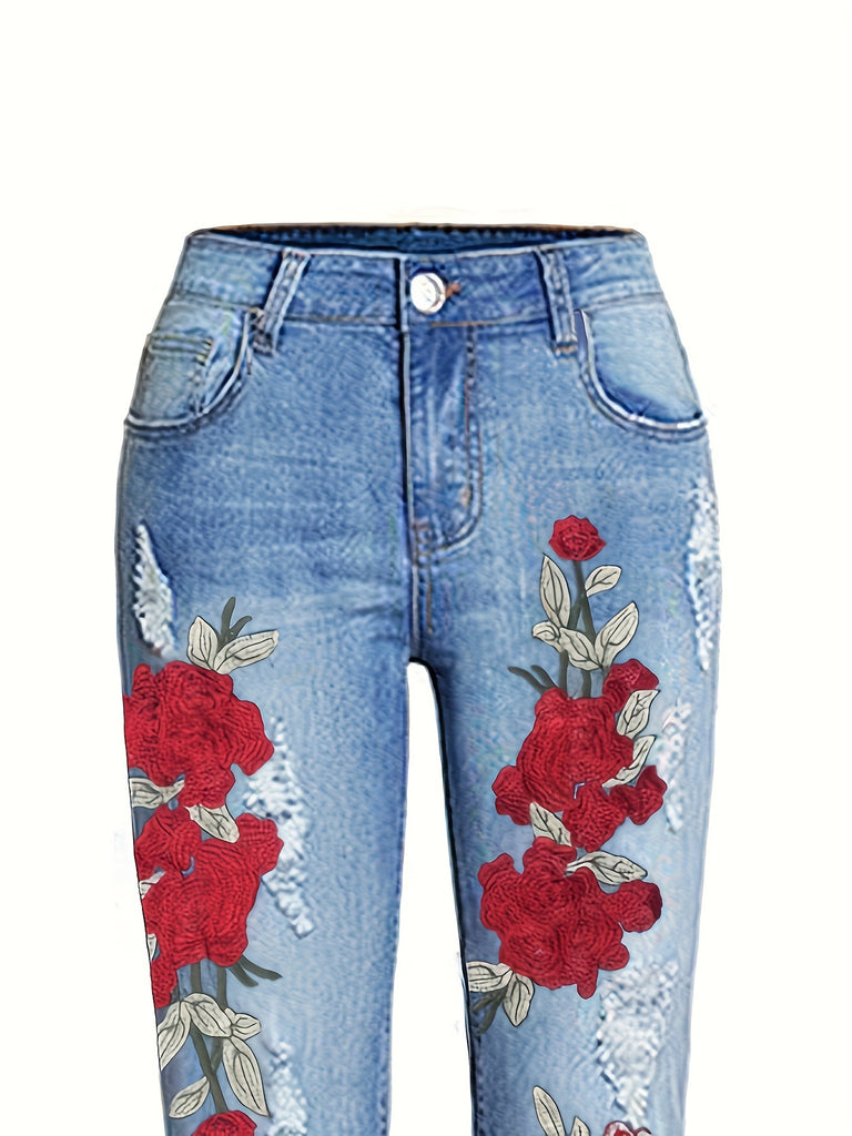 Women's Light Blue Denim Jeans with Red Floral Embroidery, Casual Style, Distressed Detail, Fashion Bottomwear