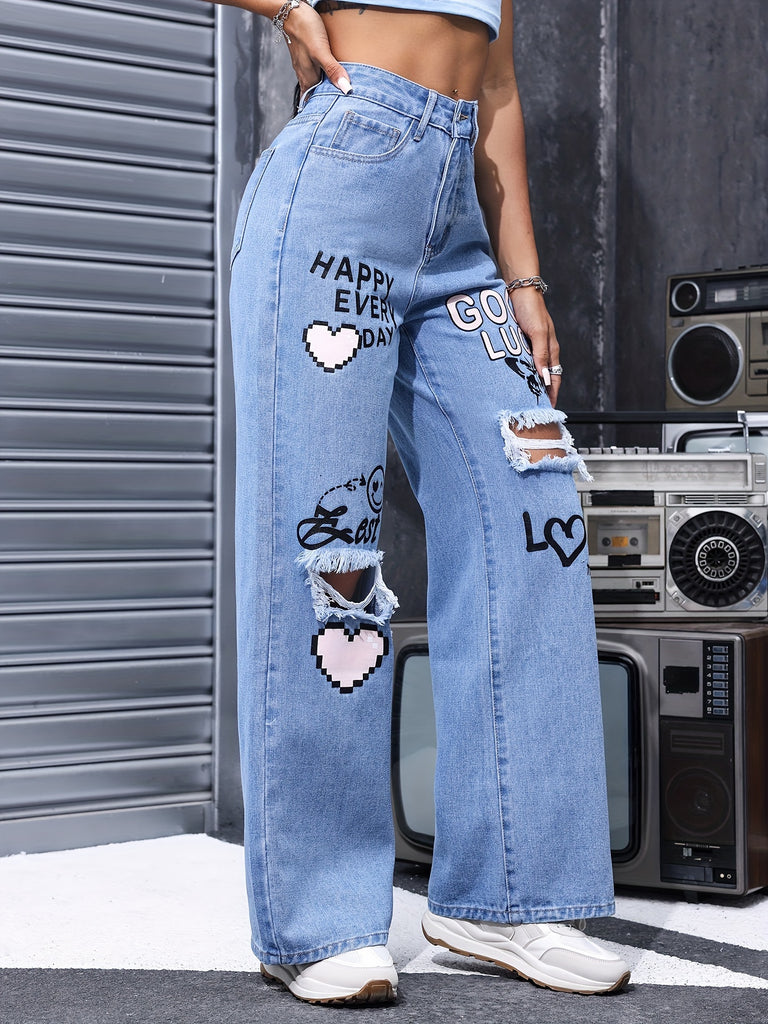 Women's High-Waisted Heart And Letter Print Ripped Distressed Jeans - Casual Style, Wide Leg Denim Pants - For Women - Suitable for Casual Outings, Parties & Everyday Wear - Perfect Gift for Fashionable Women