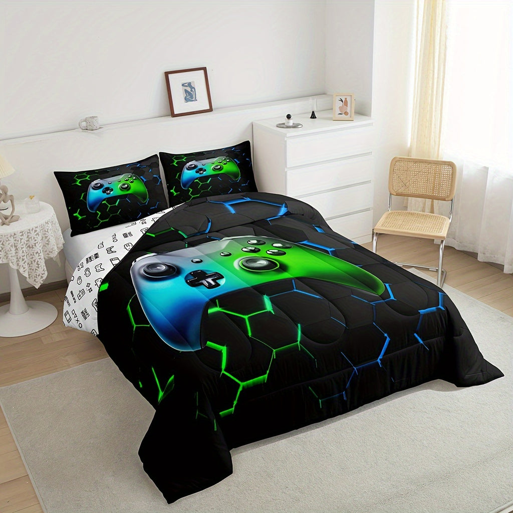 Castle Fairy Gamer Reversible Comforter Set Gaming Cool Gamepad Bedding Set For Women Men Adults Modern Geometric Hexagon Comforter Luxury Video Game Quilt Set Room Decor 2/3Pcs, Fashionable And Comfortable Home Products Suitable For All Seasons