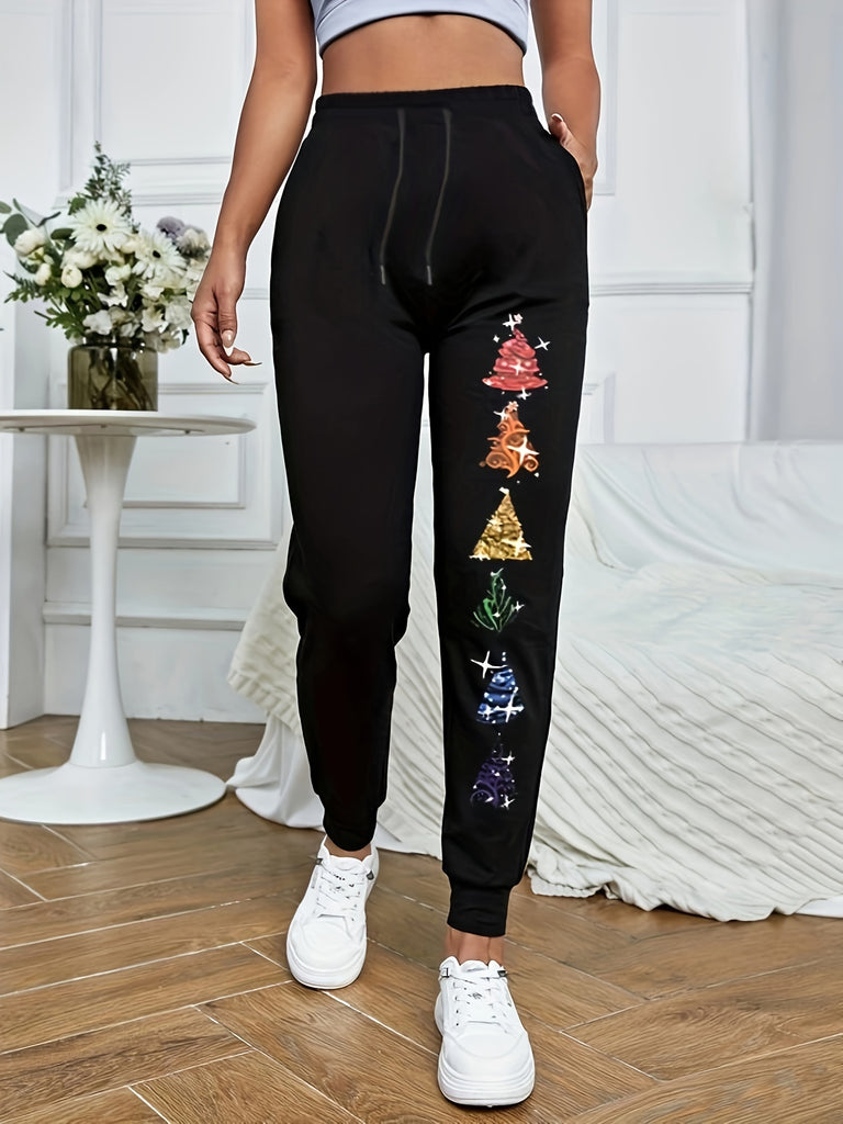 Women's Casual Polyester Jogger Pants with Christmas Tree Print, Knit Fabric, Elastic Waist with Pockets for Fall/Winter