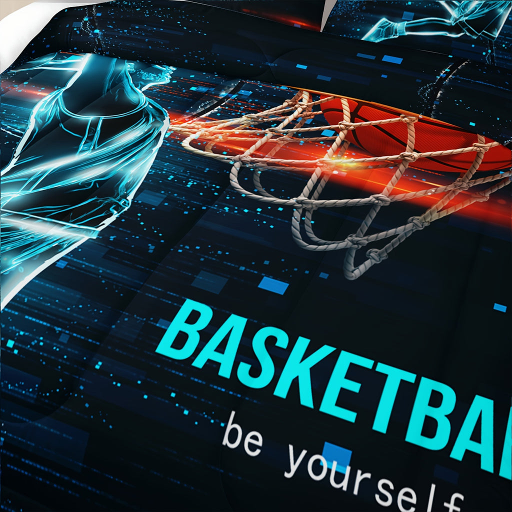 Sports Comforter Sets - Basketball Comforter Set With Blue And Black Bedding, All Season Bedroom Duvet - 1 Comforter With 2 Pillowcases