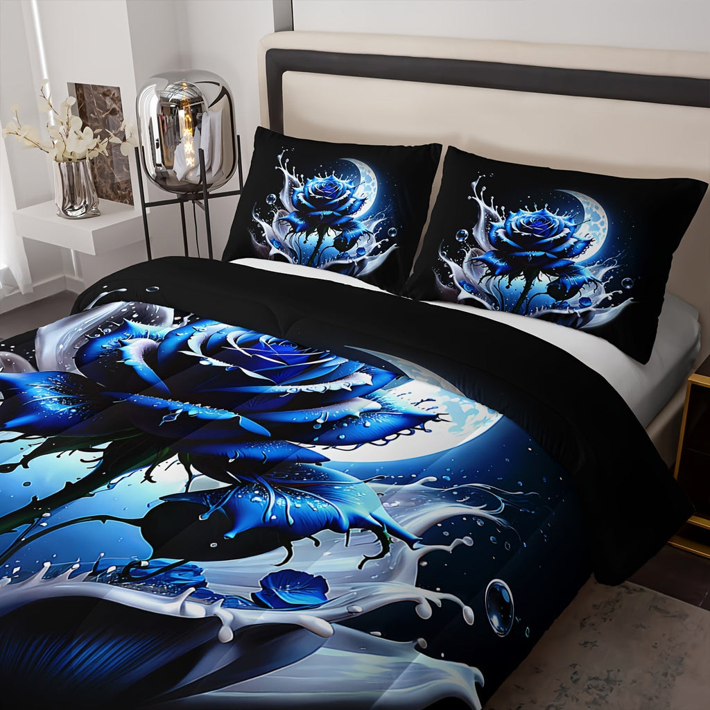 3pcs Modern Fashion Polyester Comforter Set (1*Comforter + 2*Pillowcase, Without Core), Blue Rose Glowing Moon Print Bedding Set, Soft Comfortable And Skin-friendly Comforter For Bedroom, Guest Room.