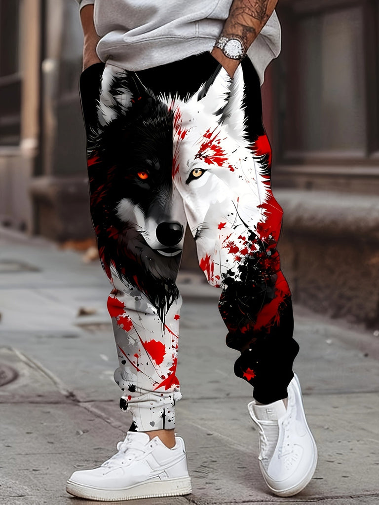 Men's 3D Wolf Print Casual Joggers - 100% Polyester Knit Fabric, Regular Fit, All Over Graphic Design, Slight Stretch - For Men - Suitable for Casual Wear, Sports & Loungewear - Great Gift for Fashionable Guys