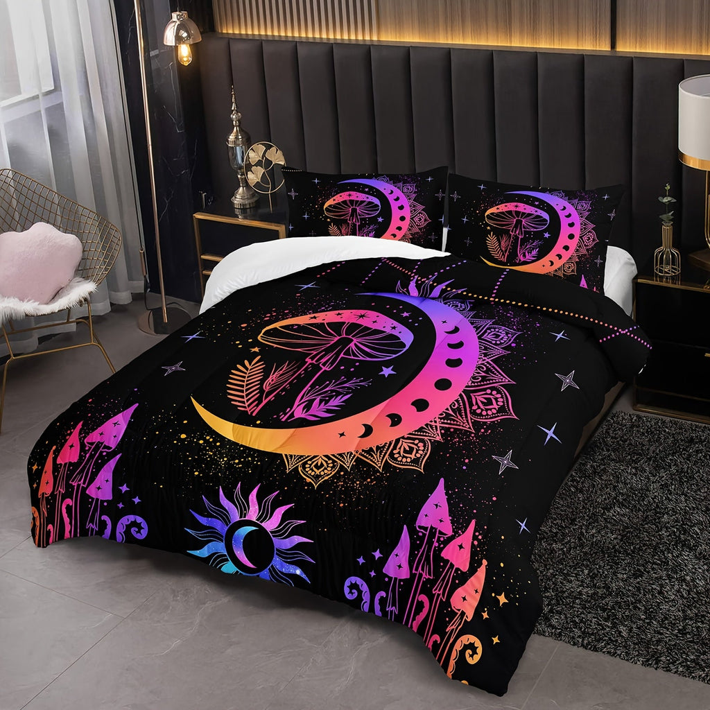 3Pcs Sun And Moon Bedding Set, Mushroom Comforter Set Boho Exotic Style Bedding Set Cosmic Planets, Bohemian Bedding Astrology Comforter For Adults Women, 1 Quilt 2 Pillowcases, Black