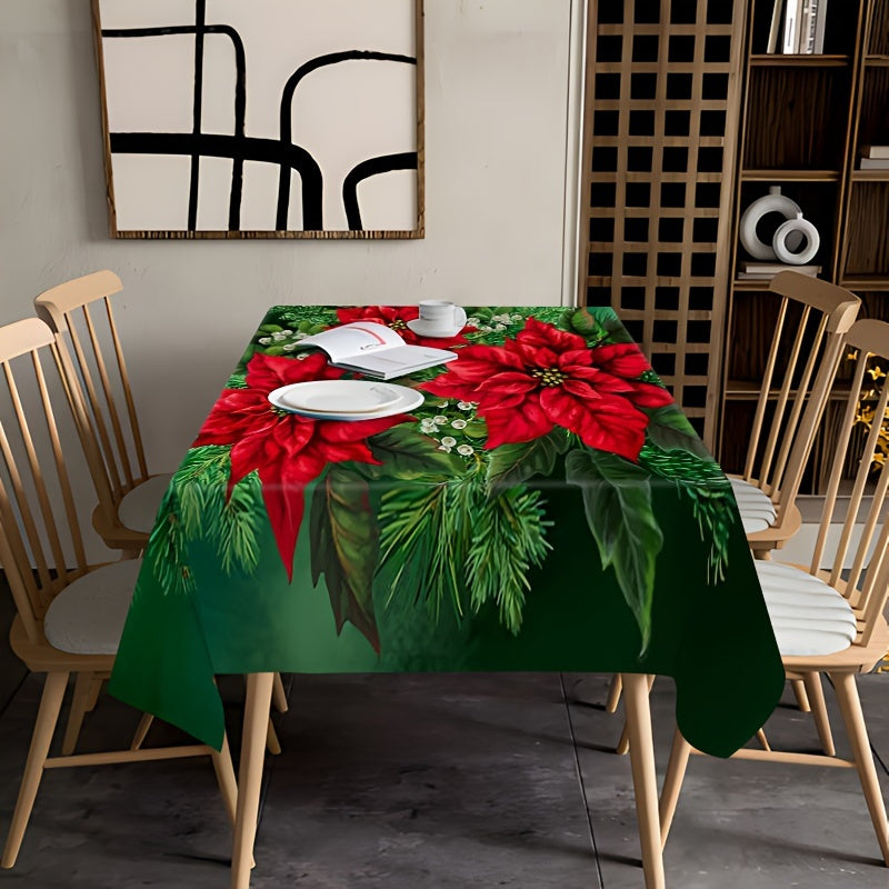 Festive Poinsettia Print Polyester Tablecloth - Square Christmas Table Cover, Stain & Wrinkle Resistant, for Indoor and Outdoor Dining Decoration