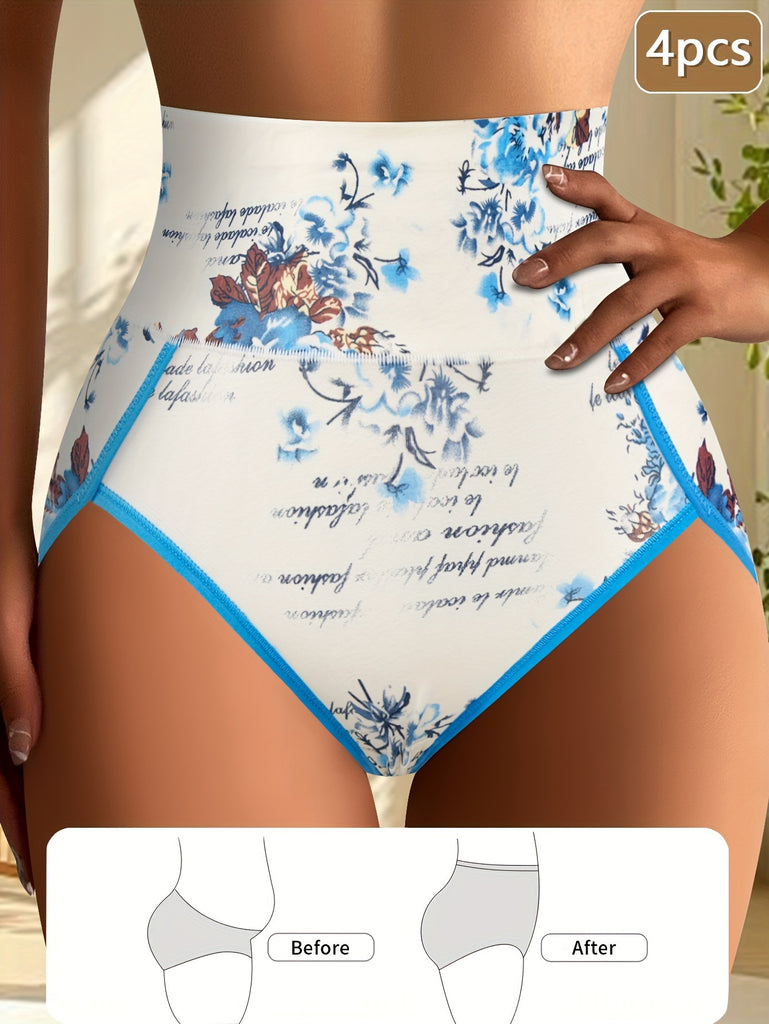 4pcs DRTTSN Women's Cotton Briefs - High Waist, Floral Print, Comfortable & Breathable Underwear